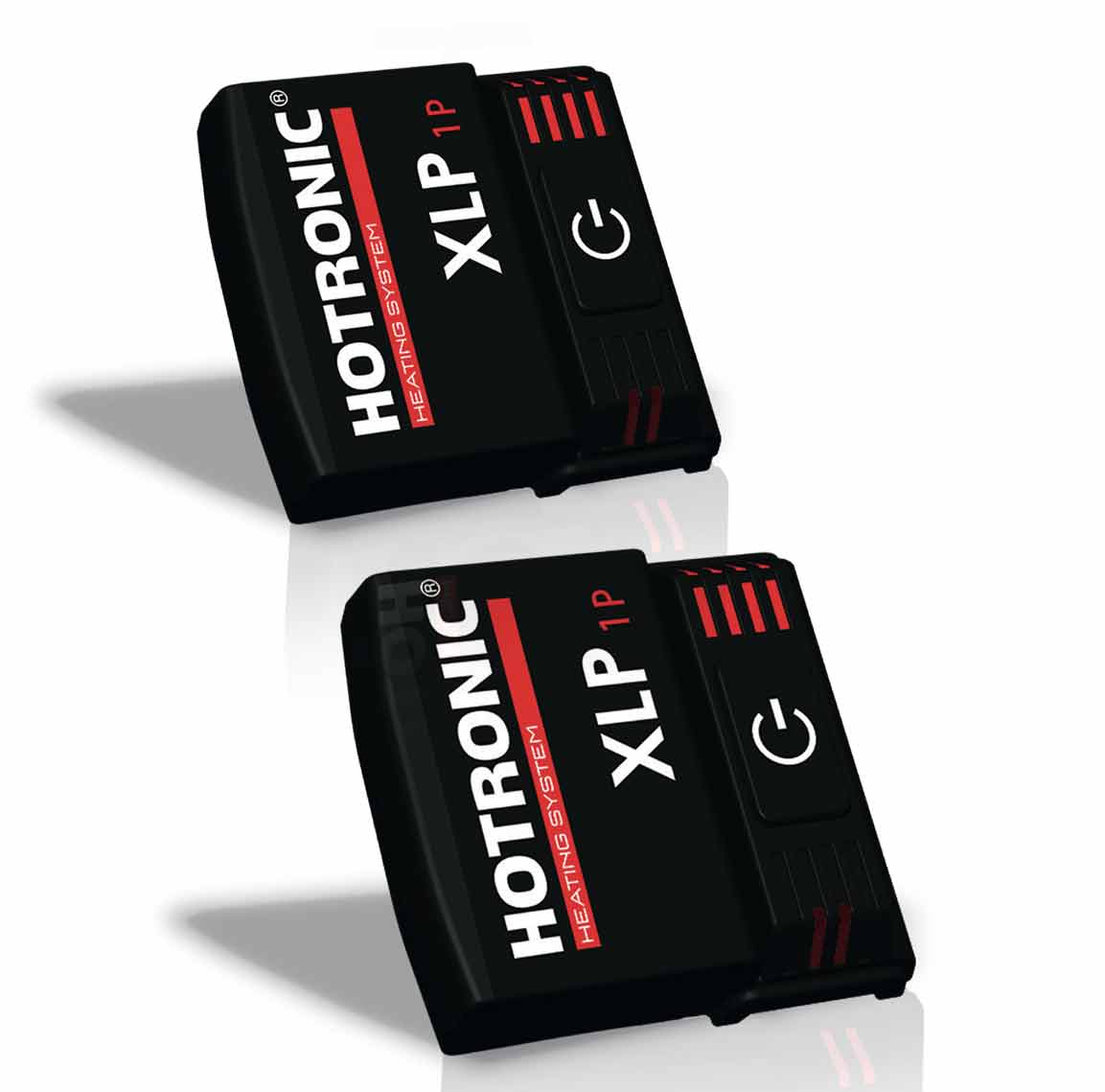 Hotronic XLP 1P Batterien Zwei schwarze Hotronic XLP 1P Battery Packs mit roter Schrift liegen auf weißem Untergrund.