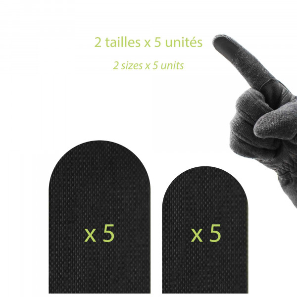 Zwei Größen Digiskin Touchscreen Sticker, je 5 Stück, und Hand mit Handschuh, der einen Sticker trägt.