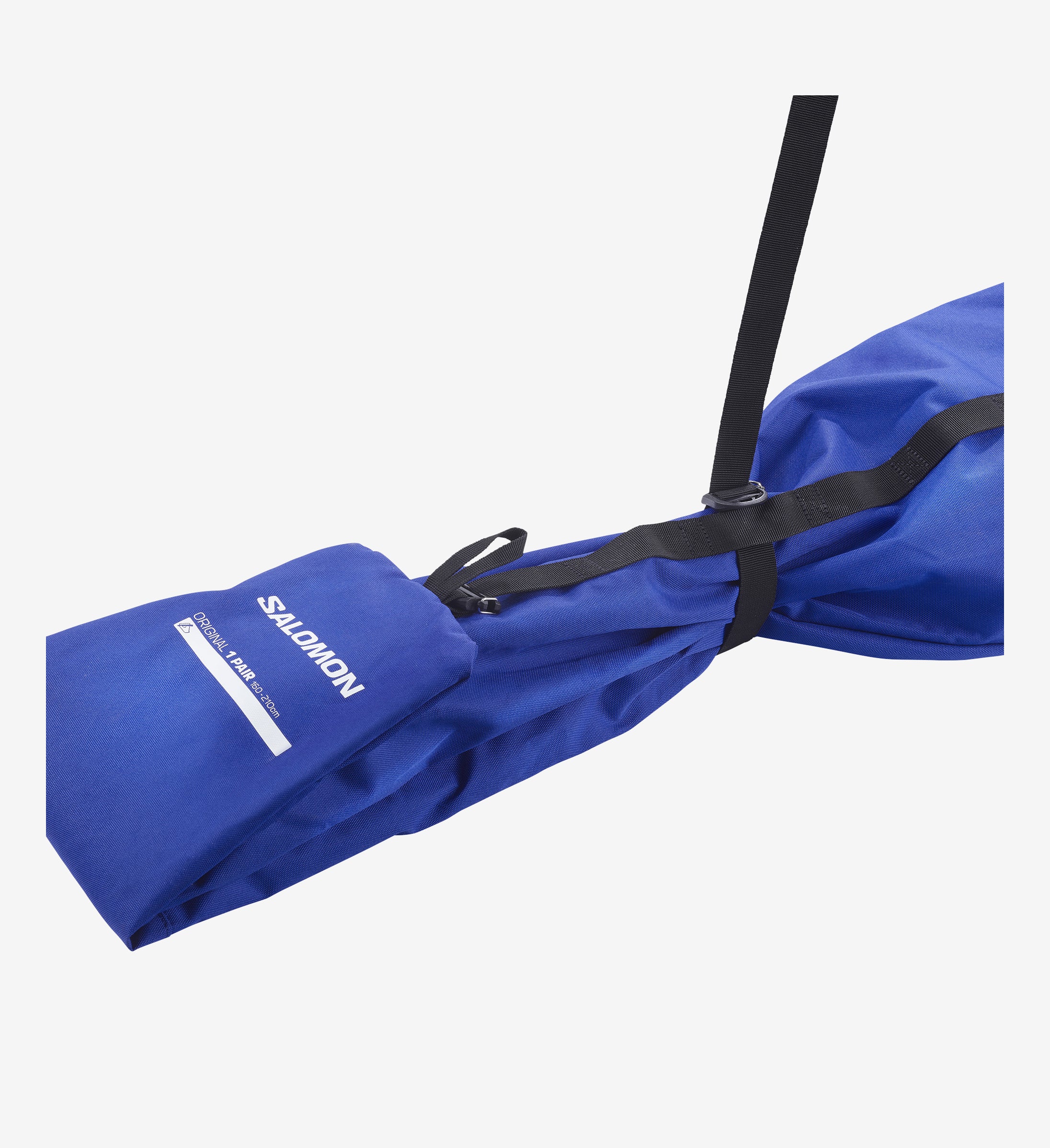 Blauer Salomon Skisack mit schwarzem Tragegurt, Details wie Logo sind erkennbar.