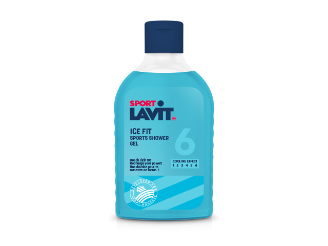 Hellblaue Flasche Sport Lavit Ice Fit Duschgel mit blauem Deckel. Kühl-Effekt Skala 1 bis 6.