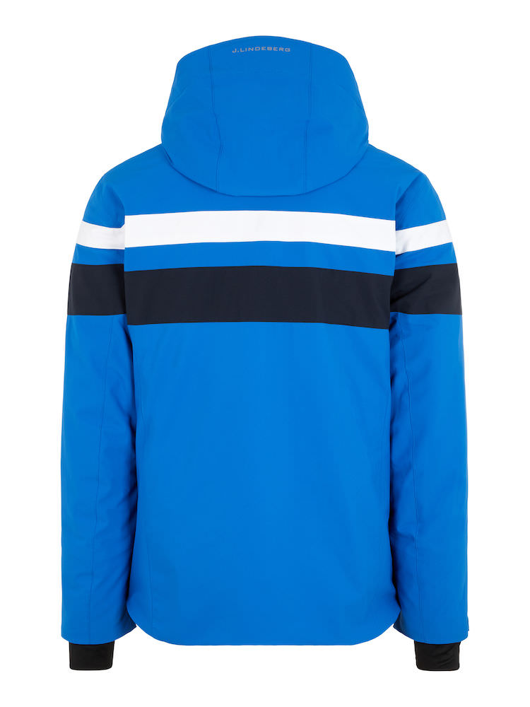 Blaue Skijacke von J.Lindeberg Blaue J.Lindeberg Franklin Skijacke von hinten, mit Kapuze, weißen und schwarzen Streifen auf Brusthöhe.