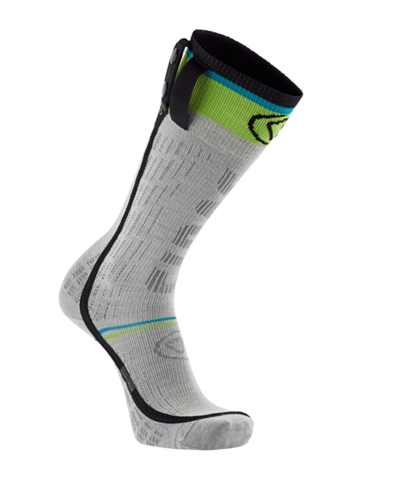 Sidas Ski Heat Race Socke Graue, knielange Sidas Ski Heat Race Socke mit grünen Akzenten und schwarzem Rand.
