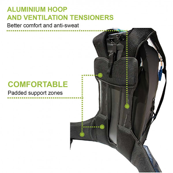 Detailansicht vom Tragesystem des wasserdichten Rucksacks. Aluminiumrahmen, Belüftungsspanner, gepolsterte Zonen für Komfort.