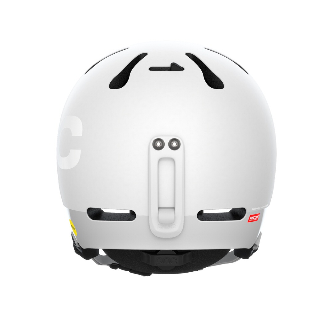Weißer POC Fornix BC MIPS Skihelm, Rückansicht mit Belüftungslöchern, Brillenclip und RECCO-Reflektor.