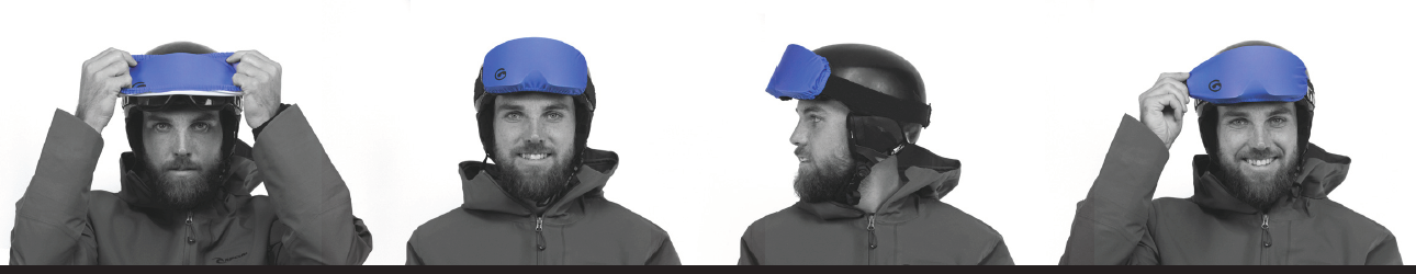 Mann mit Helm und Hülle Collage: Mann mit Bart und Skihelm setzt blaue Schutzhülle auf. Seitenansicht der Hülle auf dem Helm. Graustufenbild.