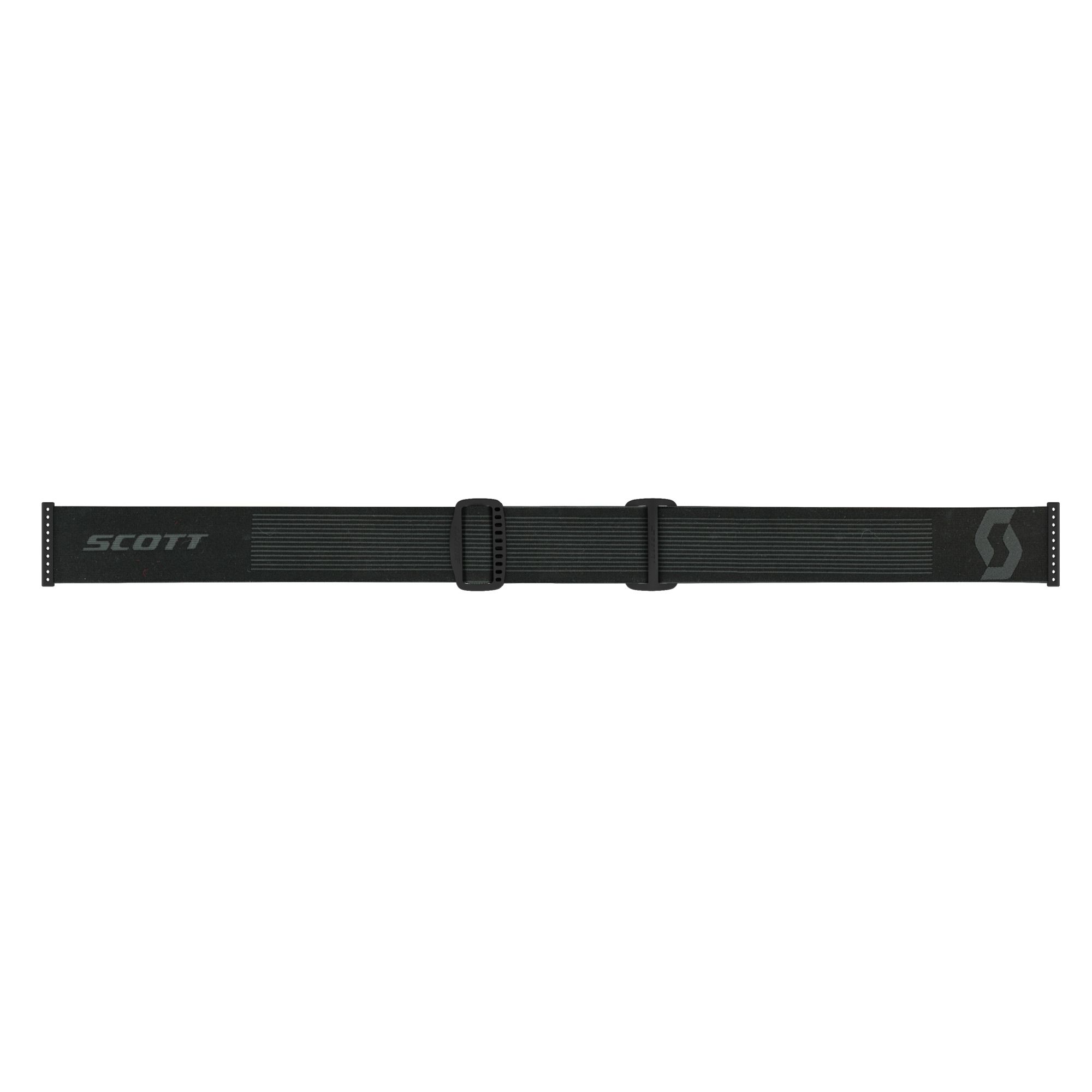 Schwarzes, elastisches Skibrillenband der Scott Sphere OTG mit zwei Schnallen und dem Scott-Logo.