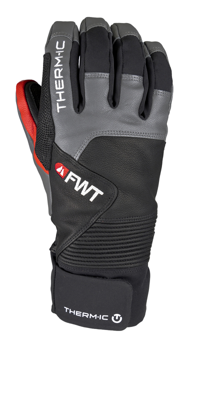 Nahaufnahme eines Therm-ic Freeride Extra Warm Handschuhs mit FWT-Logo, Leder- und Textildetails in Schwarz, Grau und Rot.