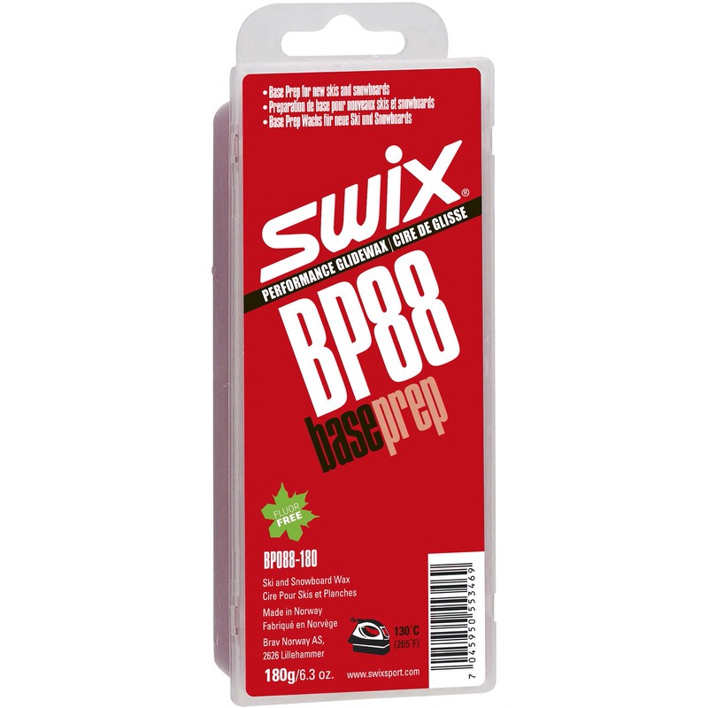 Verpackung von Swix BP88 Base Prep Wachs, rot-weißes Design, Ski- und Snowboardpflege.