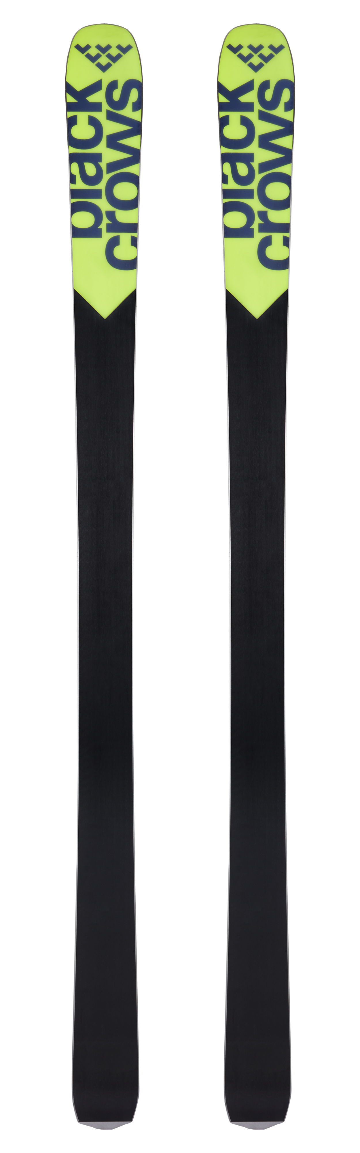 Zwei Black Crows Orb Ski mit gelb-schwarzem Design, stehend auf weißem Hintergrund.