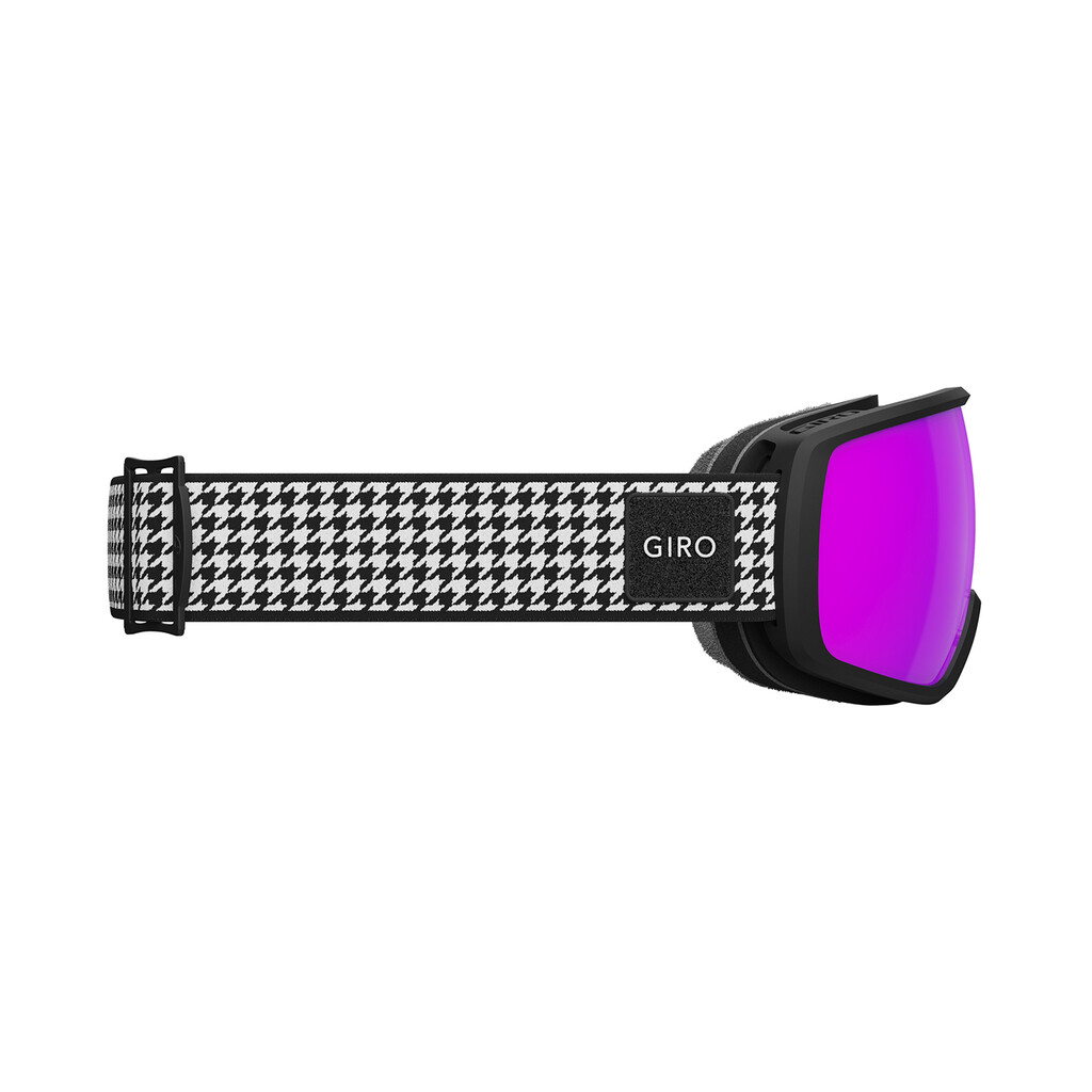 Giro Balance II Skibrille, Seitenansicht. Schwarz-weißes Hahnentrittmuster am Band, pinke Linse.