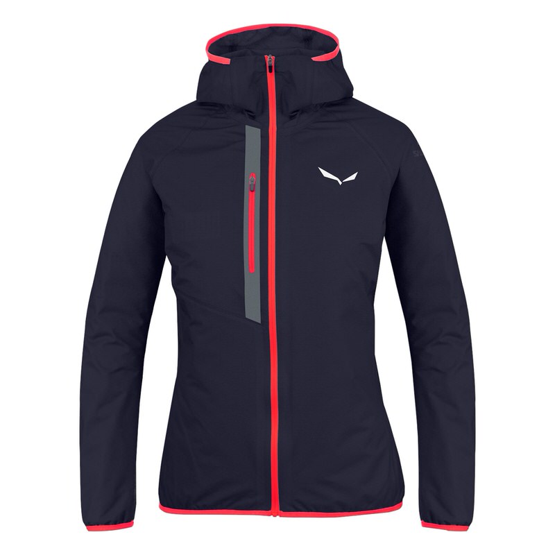 Dunkelblaue Salewa Puez Light Powertex Jacke mit Kapuze und roten Details.