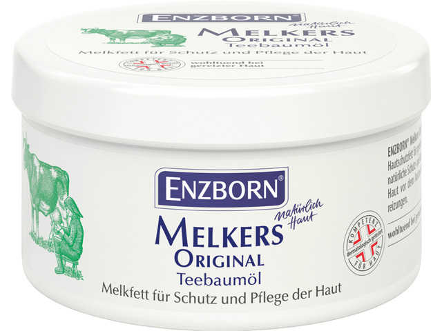 Dose Enzborn Melkers Original Teebaumöl, mit Kuh und Melkerin Illustration. Melkfett für Hautschutz und Pflege.