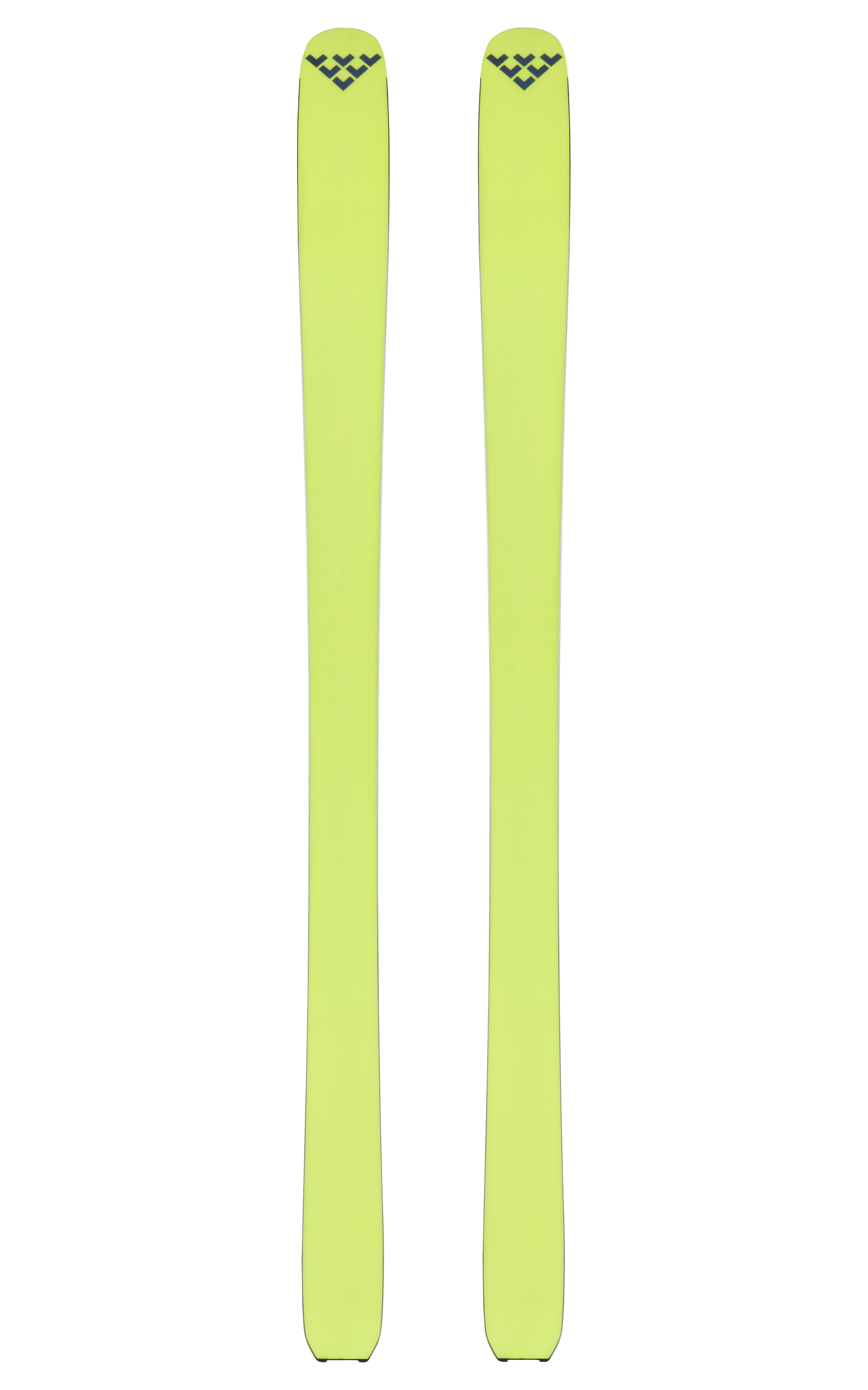 Gelbe Black Crows Skier Zwei gelbe Black Crows Orb Freebird Ski mit schwarzem Logo, isoliert auf weißem Grund.