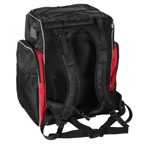 Schwarze Skischuhtasche mit Tragegurten, Rückenpolsterung und roten Akzenten von hinten.