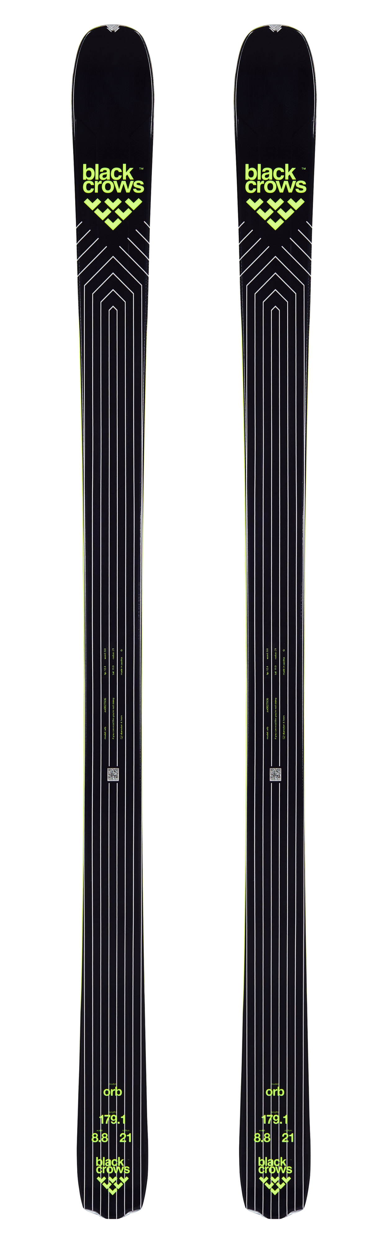 Zwei Black Crows Orb Ski, schwarzes Design mit hellgrünem Logo und weißen, parallelen Linien.