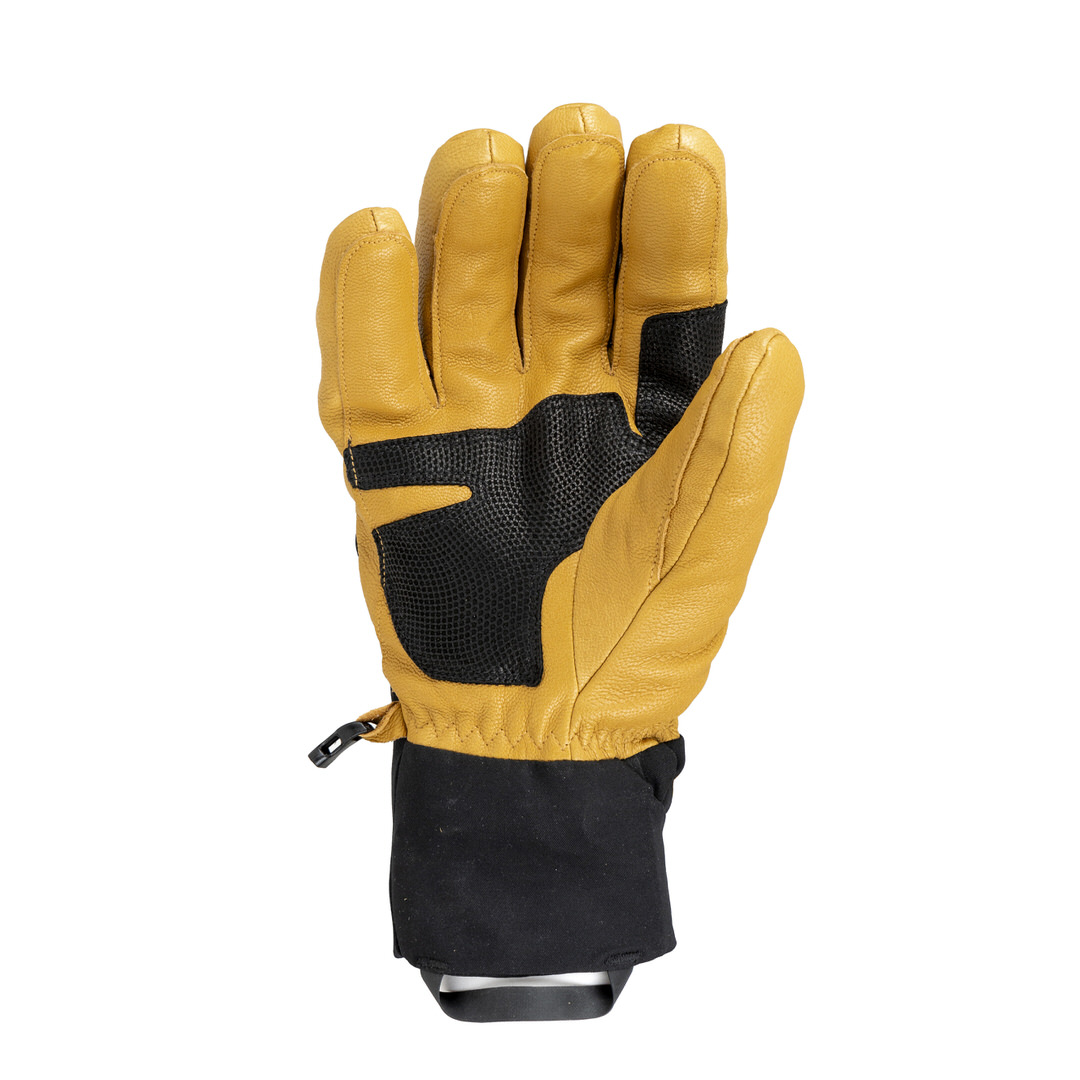 Therm-ic Freeride Handschuh Nahaufnahme eines Therm-ic Freeride Ultra Heat Handschuhs, Handflächenseite, hellbraunes Leder mit schwarzen Einsätzen.