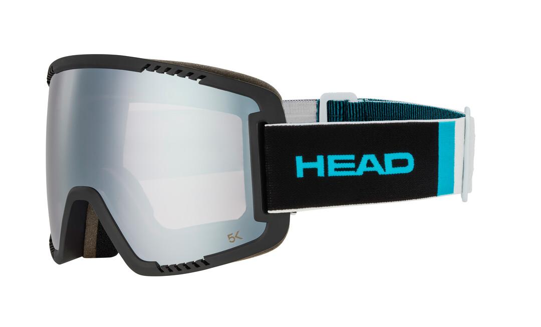 Ski-Brille Contex Pro 5K Race mit verspiegelter Scheibe und schwarzem Band mit blauem "HEAD" Schriftzug.