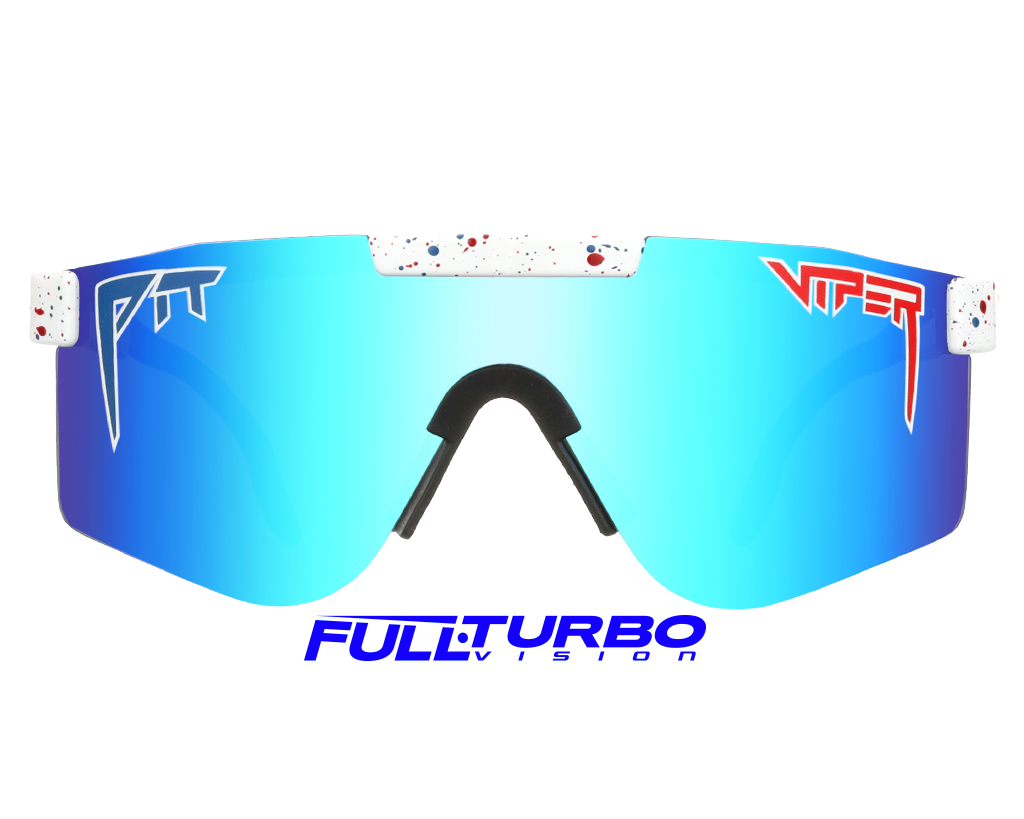 Vue de face des lunettes de soleil Polarized Pit Viper "Absolute Freedom" avec des verres bleus et une monture blanche.