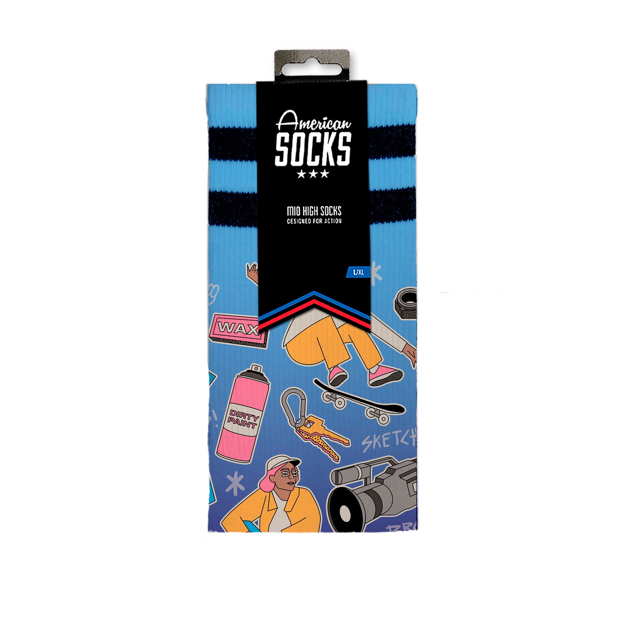 Boîte cadeau de chaussettes de skate Emballage de la boîte cadeau Skater Socks avec skateboard, bombe aérosol, appareil photo et personne dans un style BD sur fond bleu.