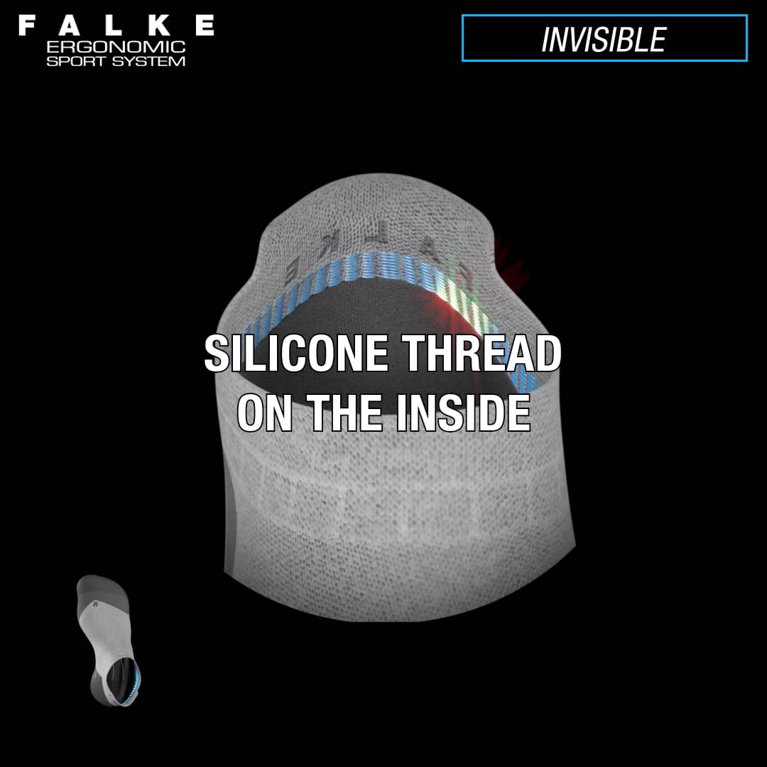 Detailaufnahme Innenseite Running Socke mit Silikonfäden gegen Verrutschen. Blaue, grüne und rote Details.