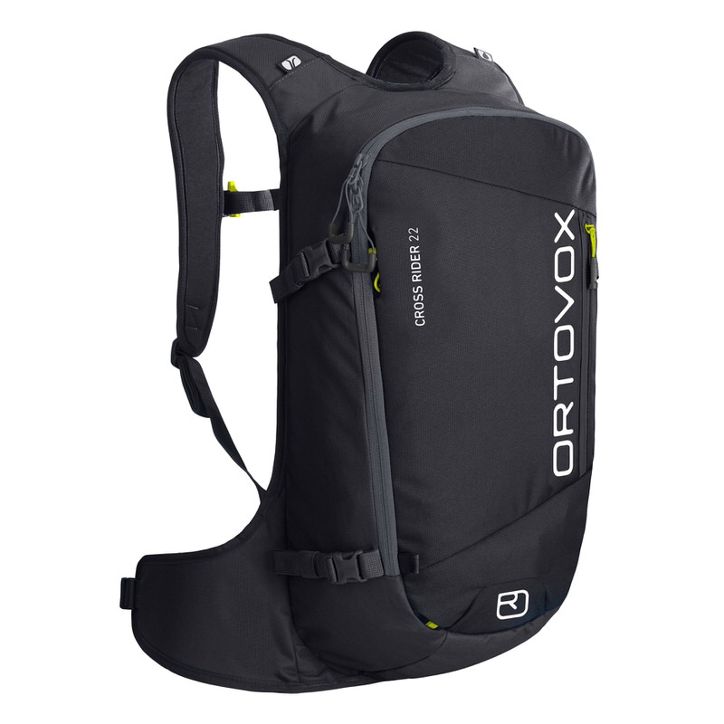 Schwarzer Ortovox Cross Rider 22 Rucksack mit Schultergurten und Rückenpolster, seitlicher Reißverschluss.