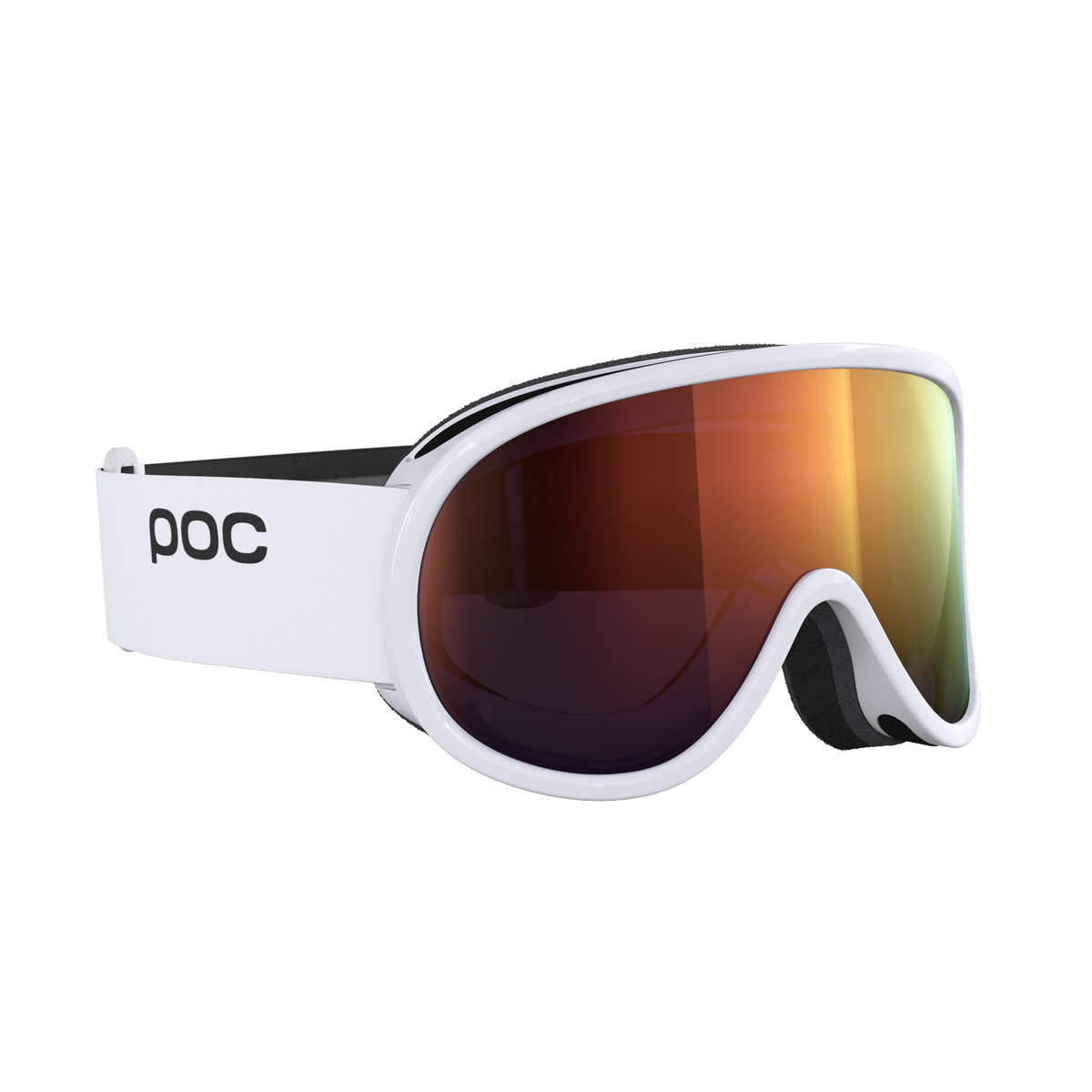 Weiße POC Retina MID Skibrille mit orangefarbener Clarity-Linse, seitliche Ansicht.