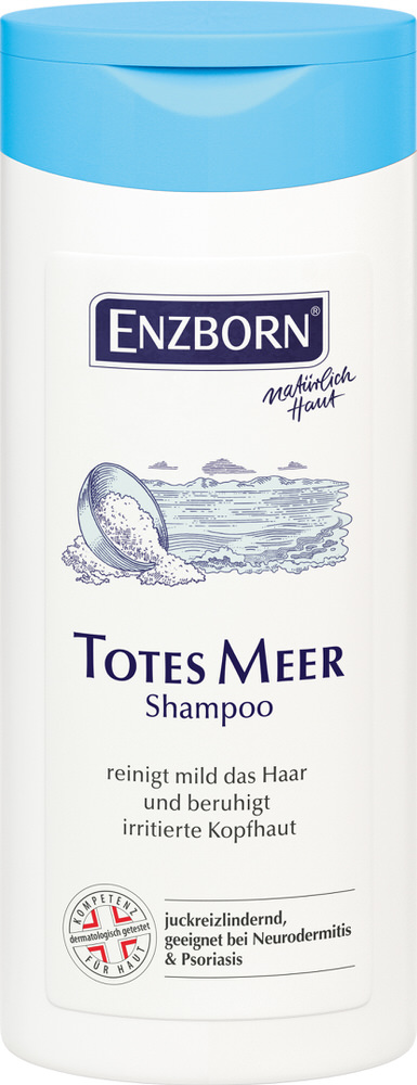Weiße Flasche Totes Meer Shampoo mit blauem Deckel und Illustration von Salz und Meer.