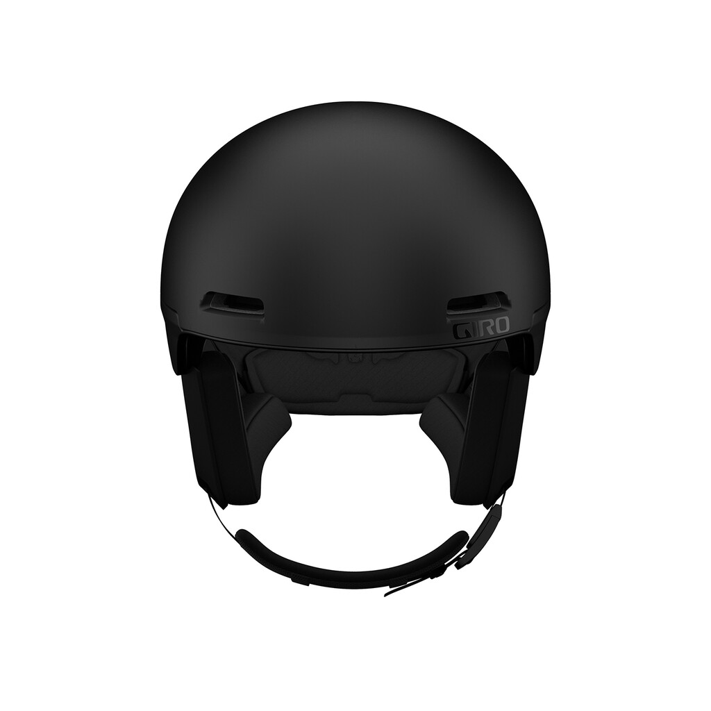 Mattschwarzer Skihelm Ein mattschwarzer Giro Owen Spherical MIPS Skihelm von vorne, mit Ohrenpads und Kinnriemen.
