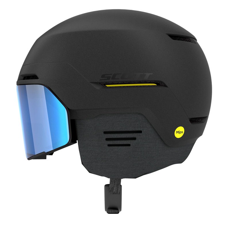 Schwarzer Scott Blend Plus LS Skihelm mit blauem Visier und MIPS-Sicherheitsfunktion.