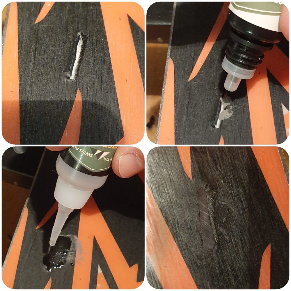 Montage von Ski Base Repair in vier Schritten: Kratzer, Füllung, Kleben, Reparatur.