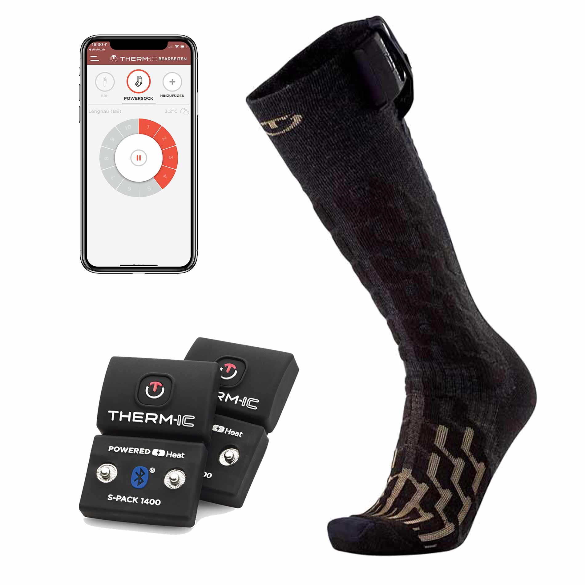 Therm-ic Powersocks Heat Fusion Men Set mit App-Steuerung und S-Pack 1400 Akkus. Wärmesocke und Smartphone.