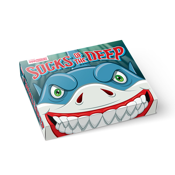 Box mit Socken: 'Socks of the Deep', Comic-Hai mit großem Gebiss.