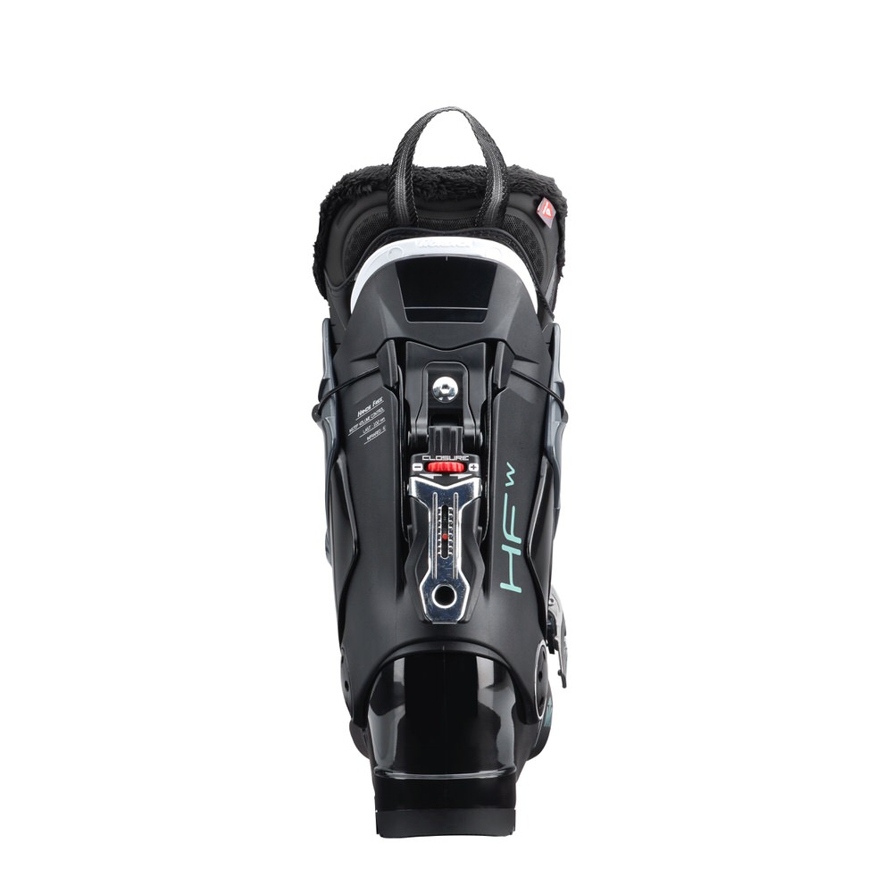 Schwarzer Nordica HF 85W Skischuh von hinten, mit Hands-Free-Verschluss-System und Schlaufe am Innenschuh.