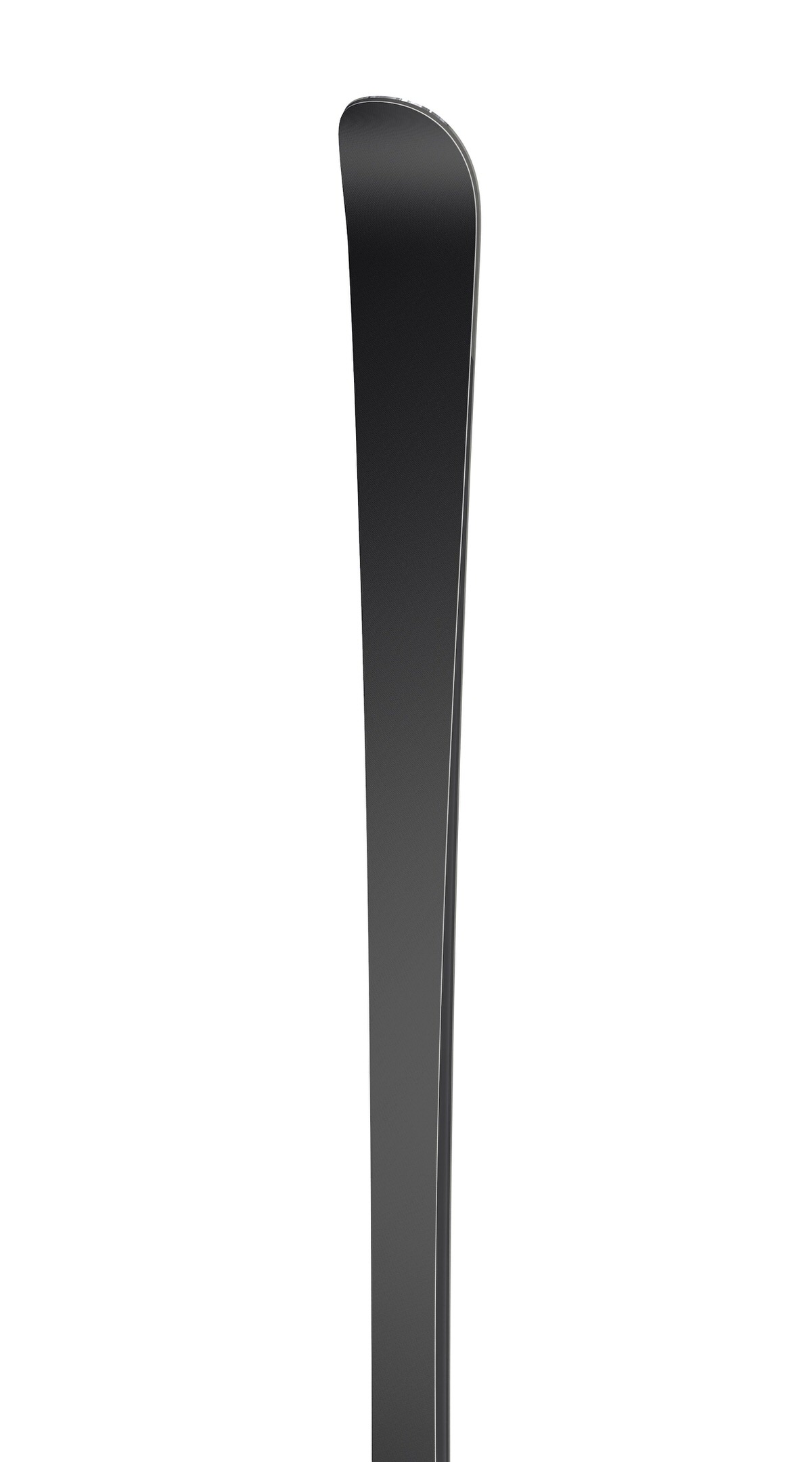 Schwarzer Ski Detail Detailaufnahme eines schwarzen Skis, von oben nach unten verlaufend, vor weißem Hintergrund.