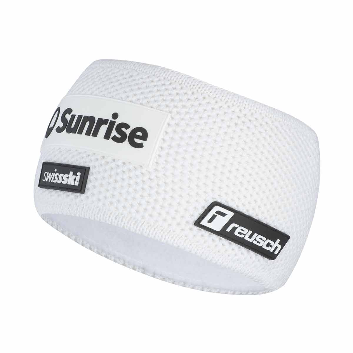Weisses, gestricktes Stirnband mit "Sunrise", "SwissSki" und "Reusch" Logos.